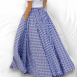 Gingham Maxi Skirt High Waist A-Line with Pockets